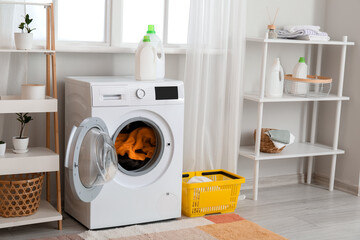 Modern washing machine with laundry in interior of bathroom
