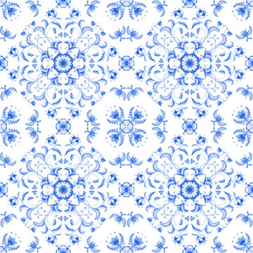 Watercolor painted indigo blue damask seamless pattern isolated on a white background. Tile with hand drawn Baroque scrolls, Flowers, leaves and floral ornaments