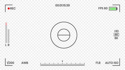 Camera viewfinder video or photo frame recorder flat style design vector illustration. Digital camera viewfinder with exposure settings and focusing grid template. - obrazy, fototapety, plakaty