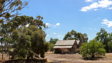 Fototapeta na wymiar Panoramic view of a broken decaying old timber farmers workers home surrrounded by native trees on a dry barron agricultural property, rural Victoria, Australia