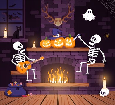 Halloween party room with pumpkins and skeletons. Living room with fireplace during halloween. Vector illustration.