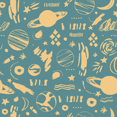 Seamless pattern with cosmic objects planets, stars, comets. Vector illustration for different designs, gift boxes, prints, wallpaper, wrapping paper.