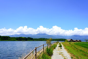 夏の加茂湖と金北山