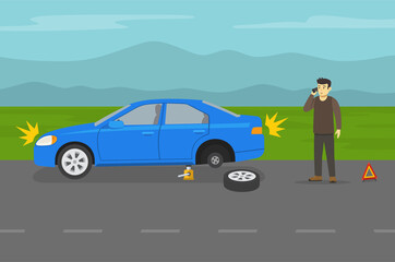 Driving a car. Young male driver changing a flat tire on country road and calls car repair services. Flat vector illustration template.