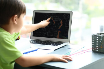 Little boy studying Math online at home