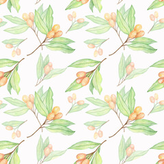 Seamless watercolor sea-buckthorn pattern isolated on white background.For textile,fabrics,clothes,wallpaper.