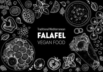 Falafel cooking and ingredients for falafel, sketch illustration. Middle eastern cuisine frame. Street food, design elements. Hand drawn, menu and package design. Vegan food.