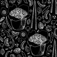Hand drawn vector illustration - Wok box seamless pattern, ingredients for wok . Sketch background. Noodles in a carton box. Asian food. - obrazy, fototapety, plakaty