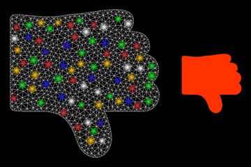 Flare mesh network dislike thumb with vibrant light spots. Constellation vector frame created from dislike thumb icon. Sparkle constellation mesh dislike thumb, on a black backgound.