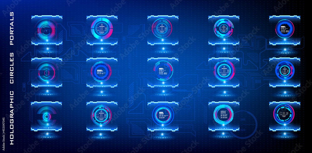 Poster set neon holographic circles portals for hud user interface. circle hud elements for ui, ux. circle 