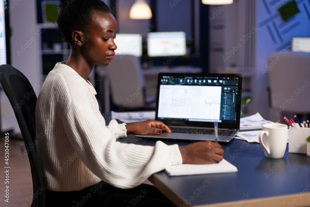 Aufkleber focused african american arhitect engineer developing cad building architecture analyzing blueprint 