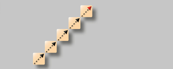 Fototapeta premium Arrow rising step up the stair on grey background as metaphor for business and financial growth, Success and financial developing, Success in business growth concept, paper art design style.