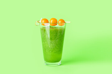 Glass of bloody Mary cocktail on color background