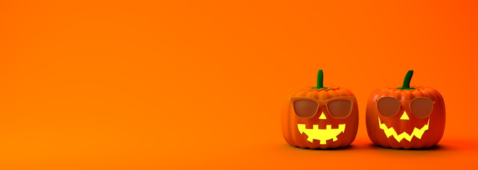 Halloween banner. Lantern pumpkins with sunglasses. 3D Illustration.  Horror party. Copy space.