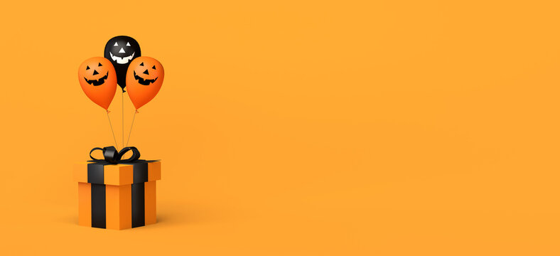 Halloween shopping and sale banner with gift box and jack o lantern pumpkin balloons. 3D illustration. Copy space.