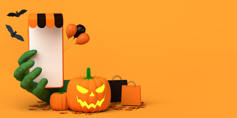 Online shopping concept for fall season and halloween. Lantern pumpkin with zombie hand holding smartphone, shopping bags, bats and balloons. 3D illustration. Copy space. Empty smartphone screen.