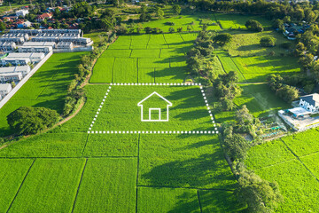 Land or landscape of green field in aerial view. Include agriculture farm, icon of residential, home or house building. Real estate or property for dream concept to build, construction, sale and buy.
