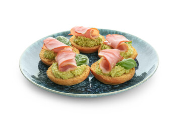 Tasty sandwiches with guacamole and ham on white background