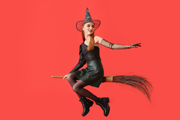 Beautiful woman dressed as witch for Halloween on color background