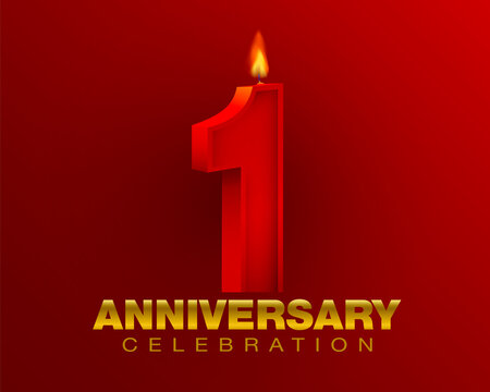 Celebrating one year anniversary. red number 1 and candle lights on red background. bright golden celebration font festival illustration, wedding, birthday Realistic file.