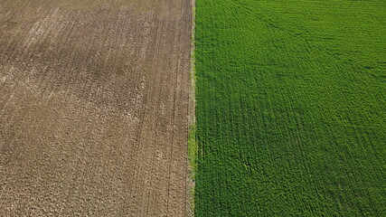 top down image of the seperation and contrast between a harvested field and a plowed field in rural agricultural farmland, Australia