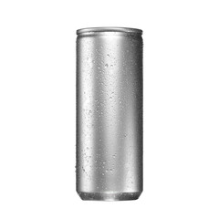 Blank aluminum soda or beer can with water drops isolated on white