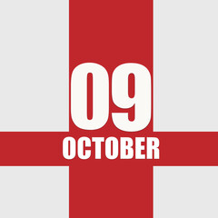 october 9. 9th day of month, calendar date.White numbers and text on red intersecting stripes. Concept of day of year, time planner, autumn month.