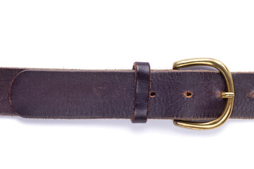 Leather belt isolated at white background. Old shabby belt with buckle