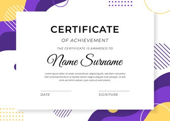 Certificate template of achievement with wavy yellow and violet background