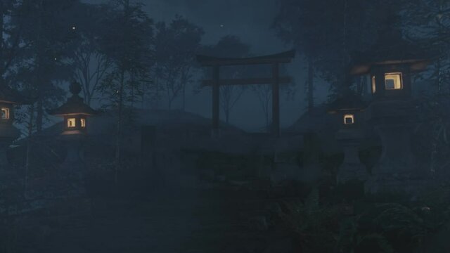 view to an old japanese shrine with torii gate and stone lantern at night