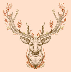 Spirit of the forest graphic sketch illustration, deer portrait with big antlers