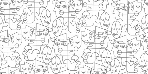 Fototapeta na wymiar Seamless pattern of abstract face one line with puzzle style isolated on white background. Minimalist face art. Black and white.
