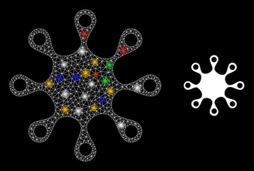 Bright mesh network axenic microbe with multicolored lightspots. Illuminated vector frame created from axenic microbe pictogram. Sparkle frame mesh axenic microbe, on a black backgound.