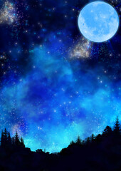 Fototapeta na wymiar 森の上に浮かぶ満月の風景イラスト