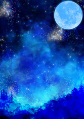 Fototapeta na wymiar 青い森に浮かぶ満月の風景イラスト