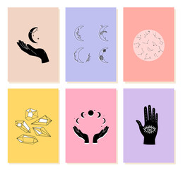 Stylish card with magical elements, hand with moon, eyes and crystals for astrology, fortune telling in trendy modern hand drawn style. Vector stock illustration