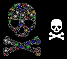 Glowing mesh net death skull with colored light dots. Constellation vector frame created from death skull pictogram. Sparkle constellation mesh death skull, on a black backgound.