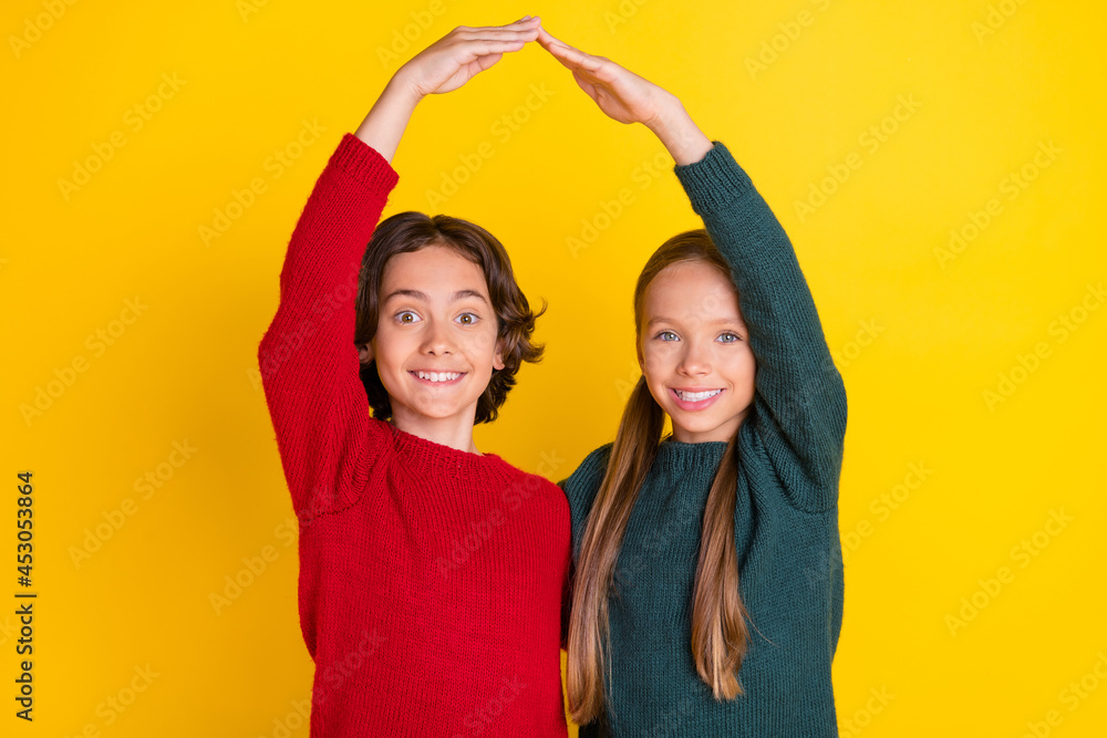 Sticker portrait of attractive trendy cheerful couple showing roof over head protection isolated over bright