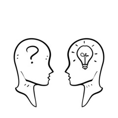 hand drawn doodle people with question mark and light bulb symbol for question and answer illustration vector isolated