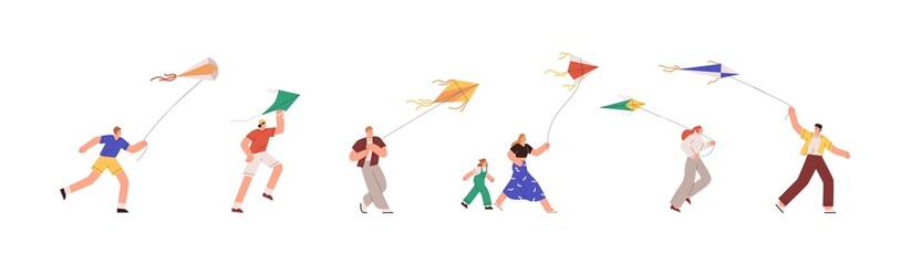 Set of people playing with air kites and fly it to sky. Happy joyful man, woman, kid running and walking, holding flying wind toy in hands. Flat vector illustration isolated on white background