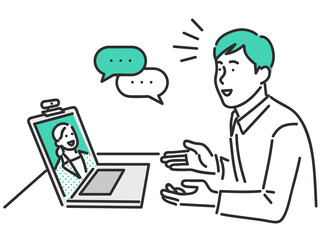 オンラインでコンサルタントの説明を受ける男性のイメージイラスト素材