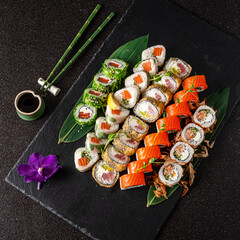 gourmet sushi on the black stone