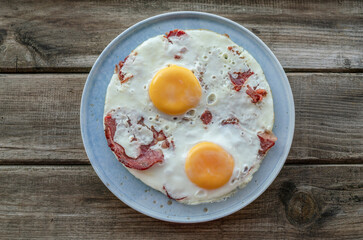 fried eggs with bacon on the table for breakfast