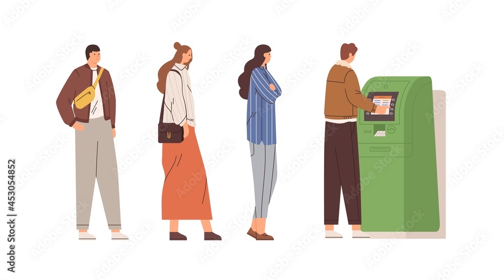 Poster people standing in queue to withdraw cash money using atm and bank cards. men and women in line to a