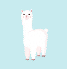 Cute llama or alpaca on a blue background. Vector illustration for baby texture, textile, fabric, poster, greeting card, decor.