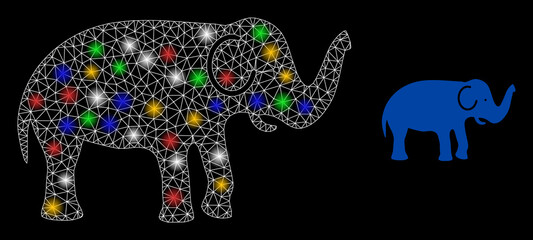 Fototapeta premium Bright mesh web elephant with vibrant glowing spots. Illuminated vector carcass created from elephant symbol. Sparkle carcass mesh elephant, on a black backgound.
