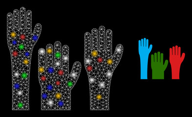 Shiny mesh net voting hands with colored lightspots. Illuminated vector mesh created from voting hands icon. Sparkle frame mesh voting hands, on a black backgound.