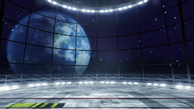 Virtual studio set on outer space. Ideal for news tv shows, for scientific events. A seamless loop, suitable on VR tracking system sets, with green screen