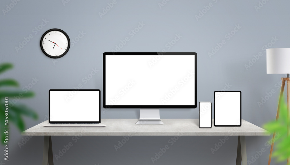 Aufkleber Devices with isolated display on desk for responsive design app or web site presentation