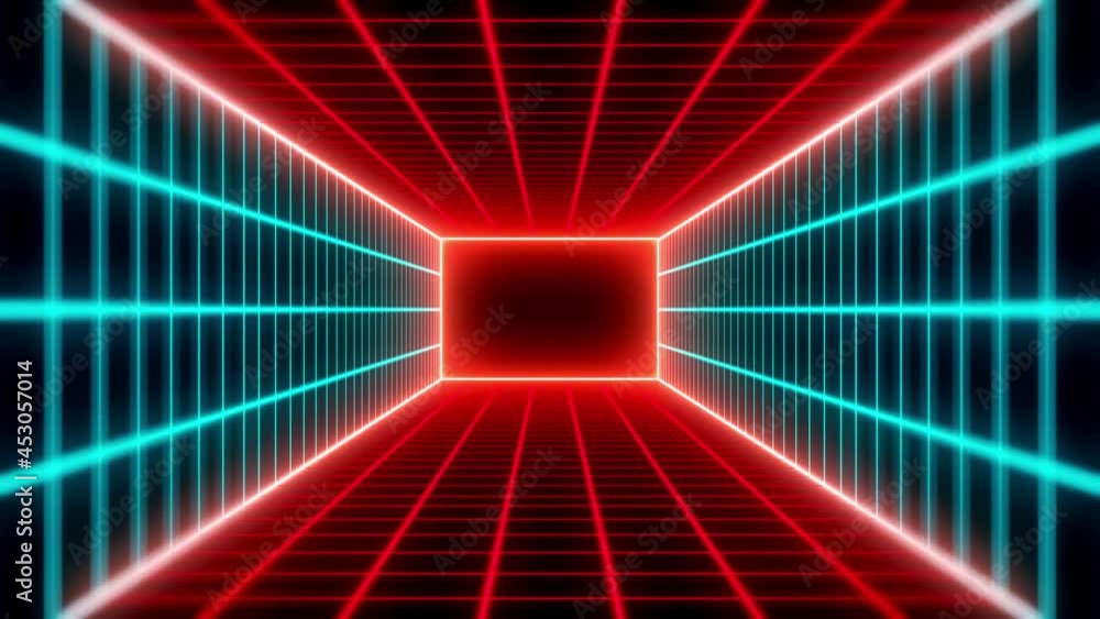 Poster futuristic party background motion view red and blue glowing light 3d perspective mesh rectangle tun